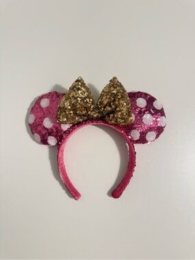 Disney Pink Sequin Polka Dot Minnie Headband with Gold Bow